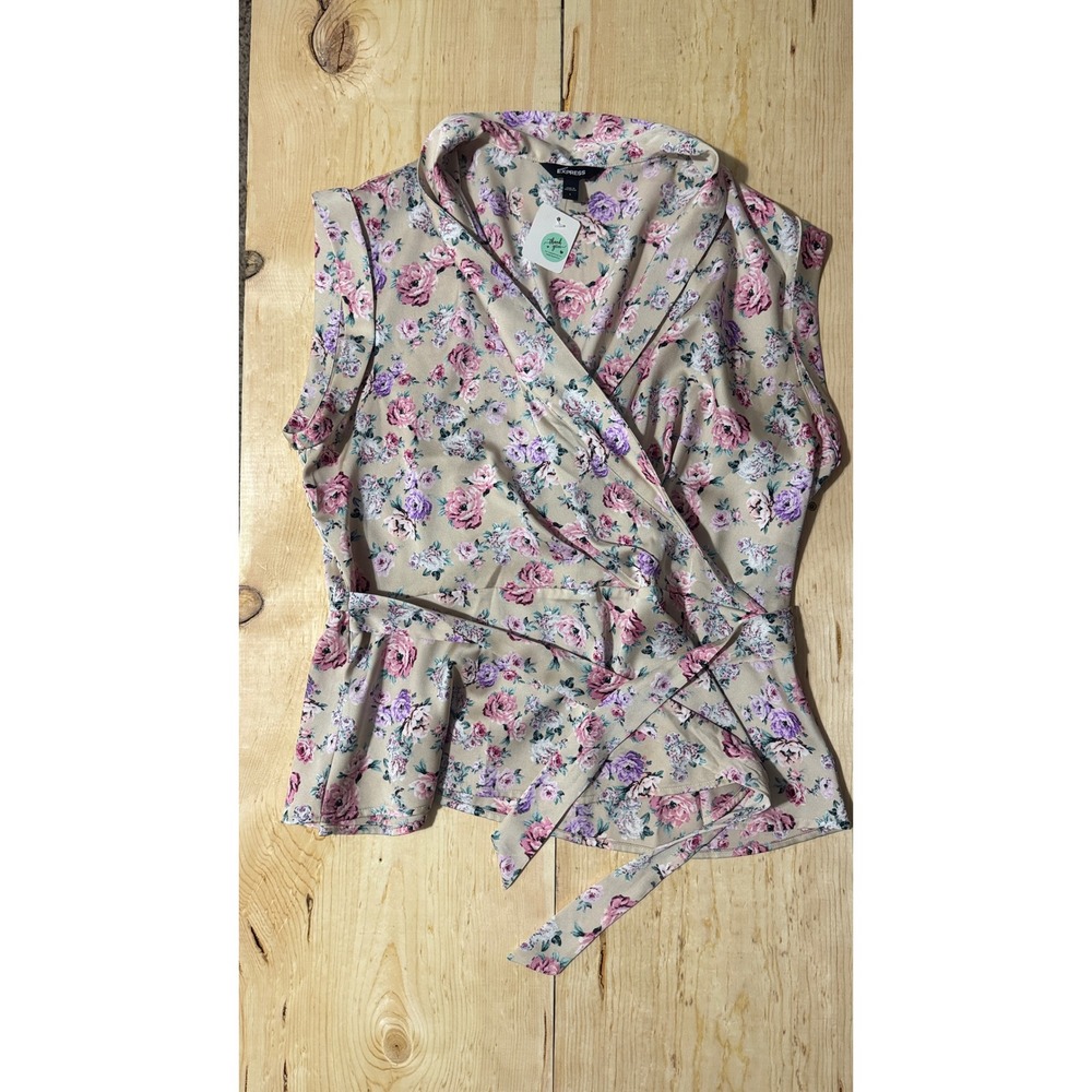 Express Womens‎ Floral Wrap Peplum Top Sleeveless Beige Pink Purple Large